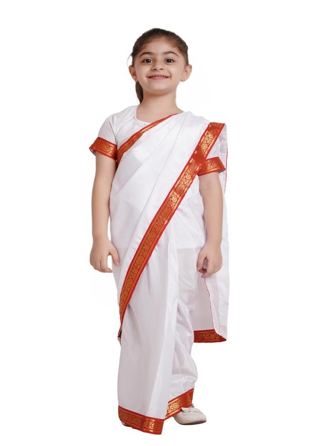 كاكو فانسي دريسيس زي رقص هندي بنغالي من البوليستر من كاكو، مناسب للأطفال - أبيض وأحمر، مقاس 10-12 سنة، للبنات - Image 1